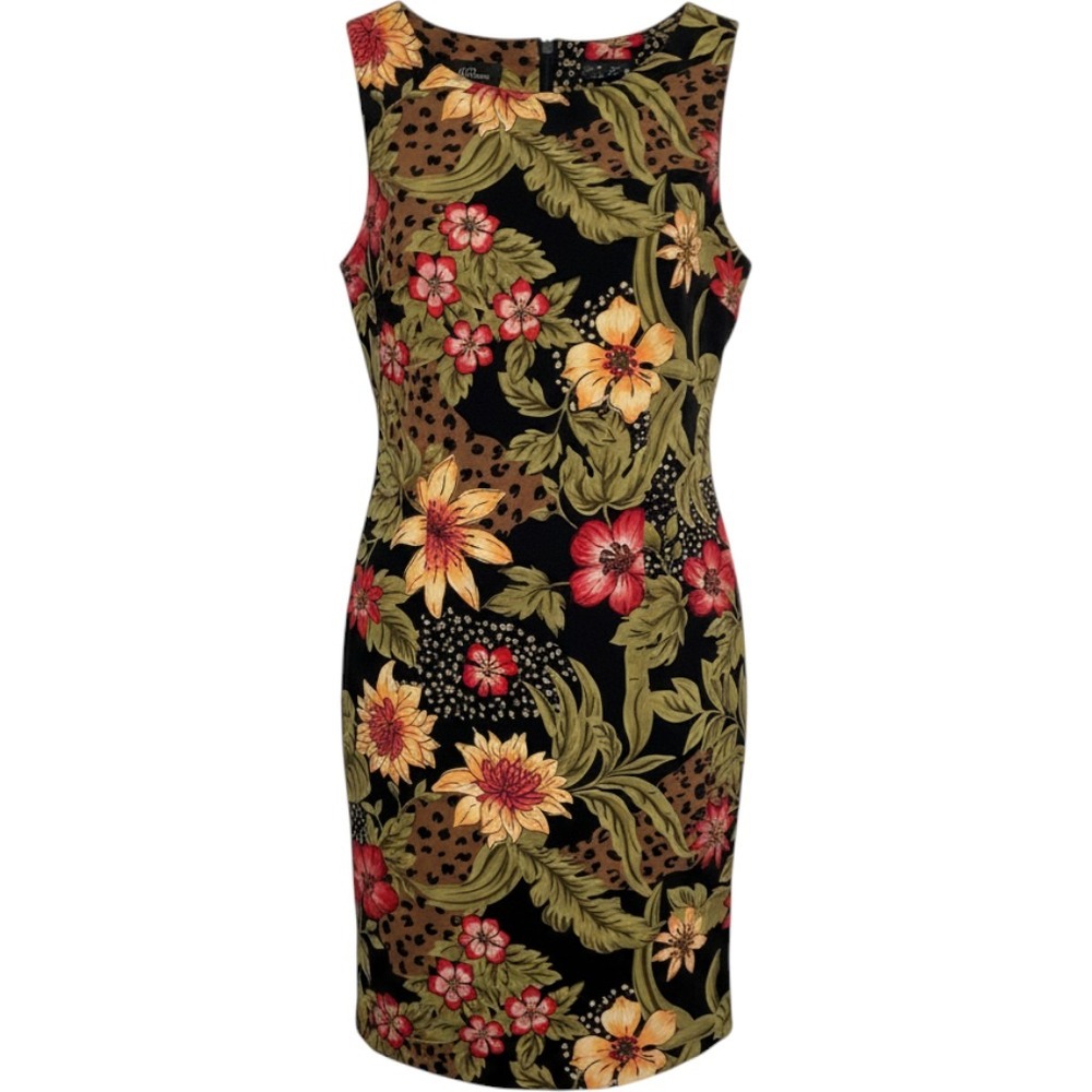 AGB Dress Sheath Women 12 Black Floral Leopard Print Sleeveless 03-68F41